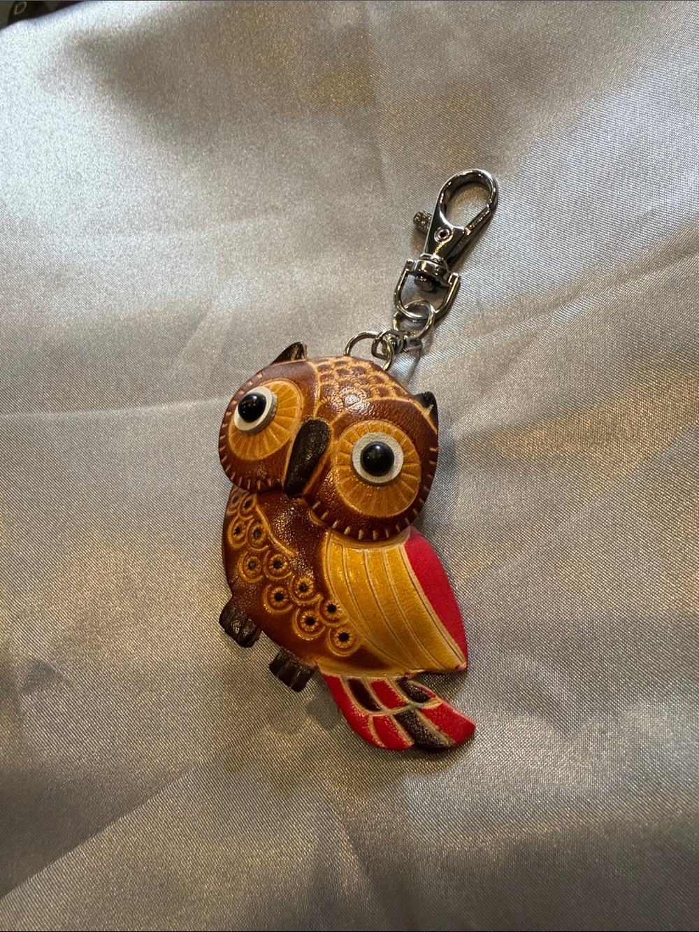 Leather Owl Keychain Charm in Brown and Red